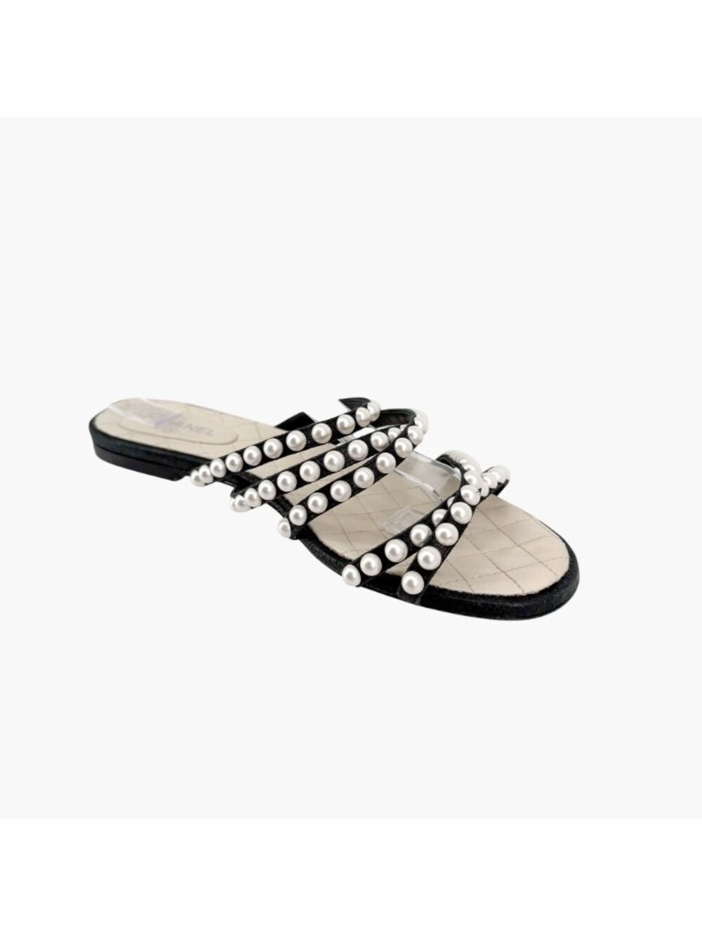 Chanel CC Pearl Strappy Slide Sandals Black White Flat Size 38.5 US 7.5-8 Women - Picture 11 of 14